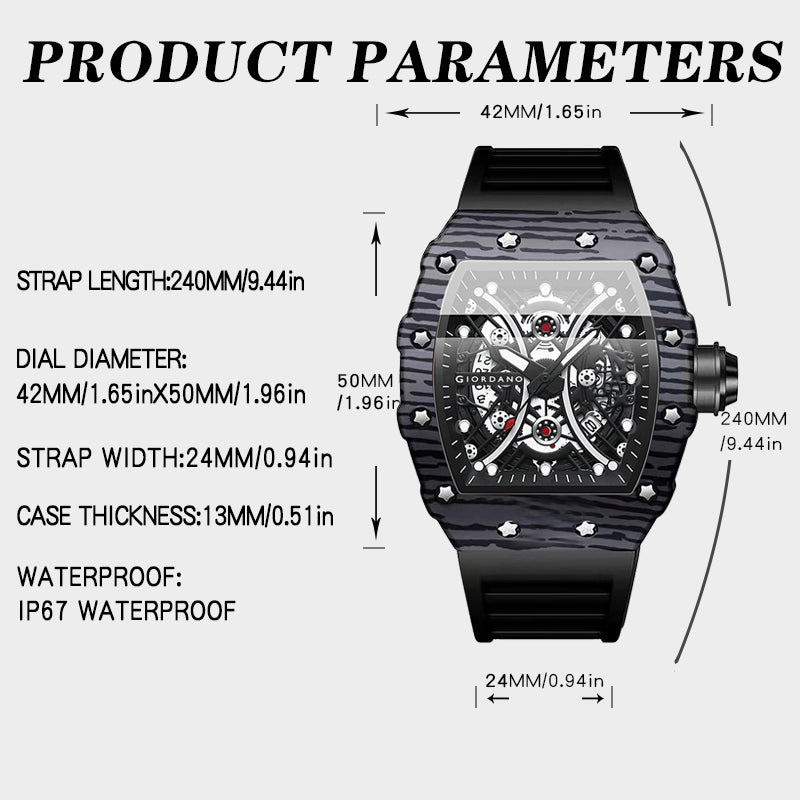 GIORDANO Analog Square Watch for Men with Skeleton Design, Rugged Textured Case, Luminous Hands, and Silicone Strap - GZ-50180-11