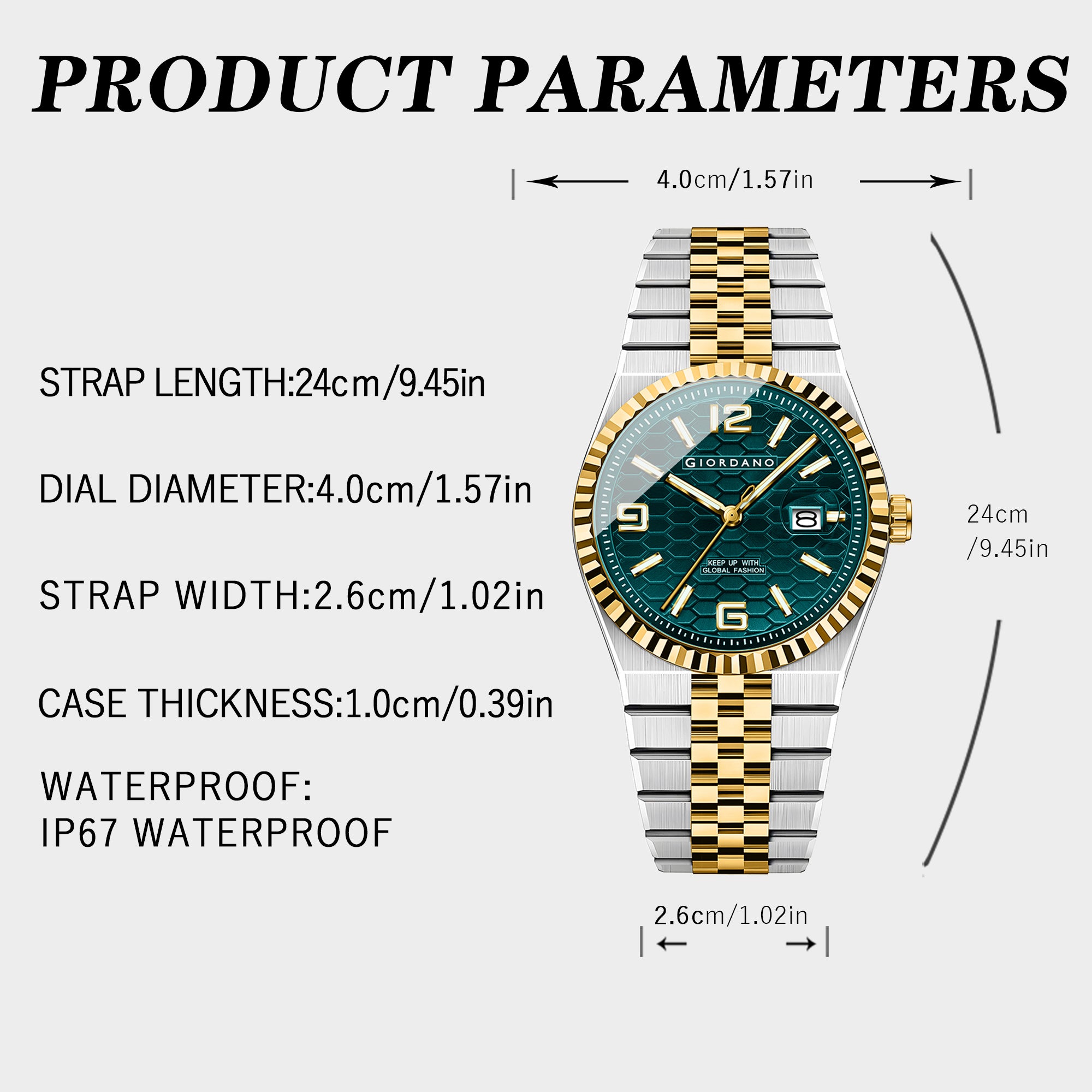 GIORDANO Analog Watch for Men with Honeycomb Dial, Fluted Bezel, Stainless Steel Strap, Date Window & Luminous Hour Markers - GZ-50172-33