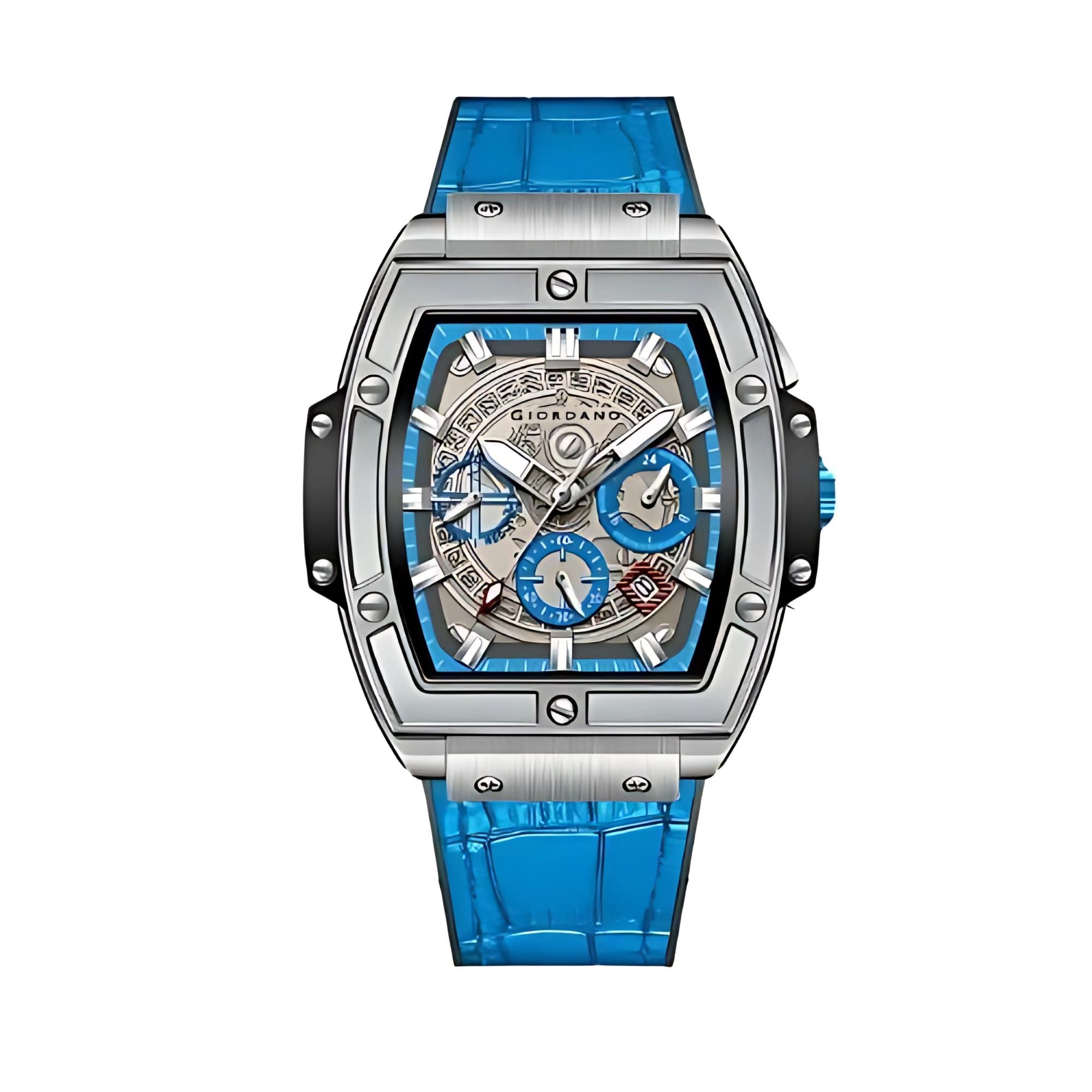 Giordano Terminator Blue Leather Multifunction Watch for men - with Day, Date, and 24-Hour Sub-Dials | Water Resistant Square Dial Unique Design Wrist Watch for Man | GZ-50098-05