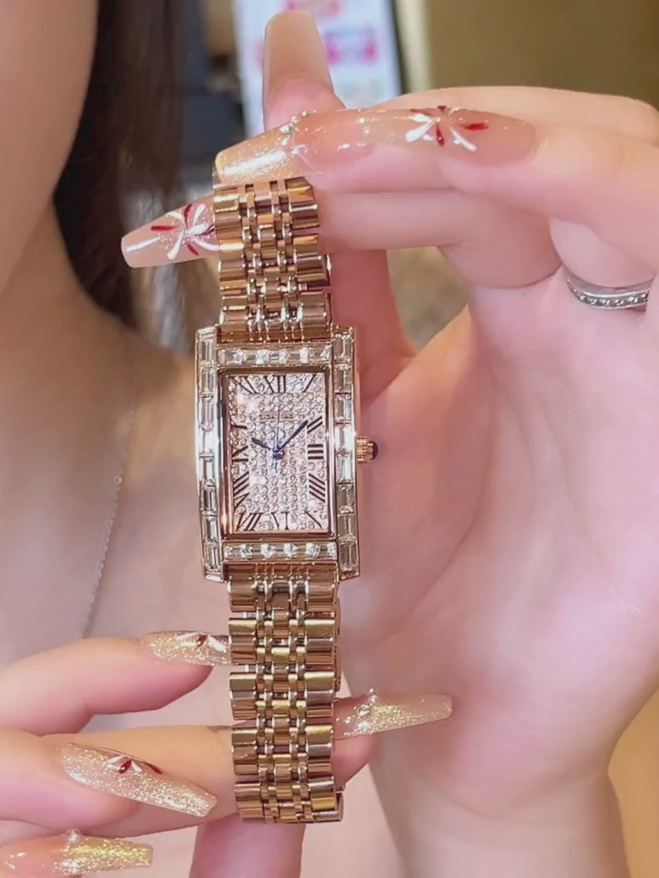 Giordano Rectangular Dress Watch for women with Crystal Bezel, roman indiced and Sparkling Dial | GZ-60119-33