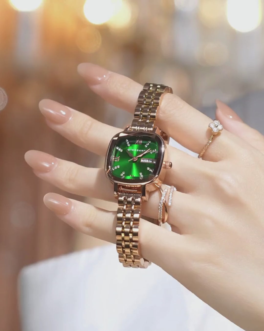 Giordano Elegant Square Rose Gold Watch for Women – Crystal & Roman Hour Markers, Day-Date Display, Stainless Steel Strap | GZ-60097-33