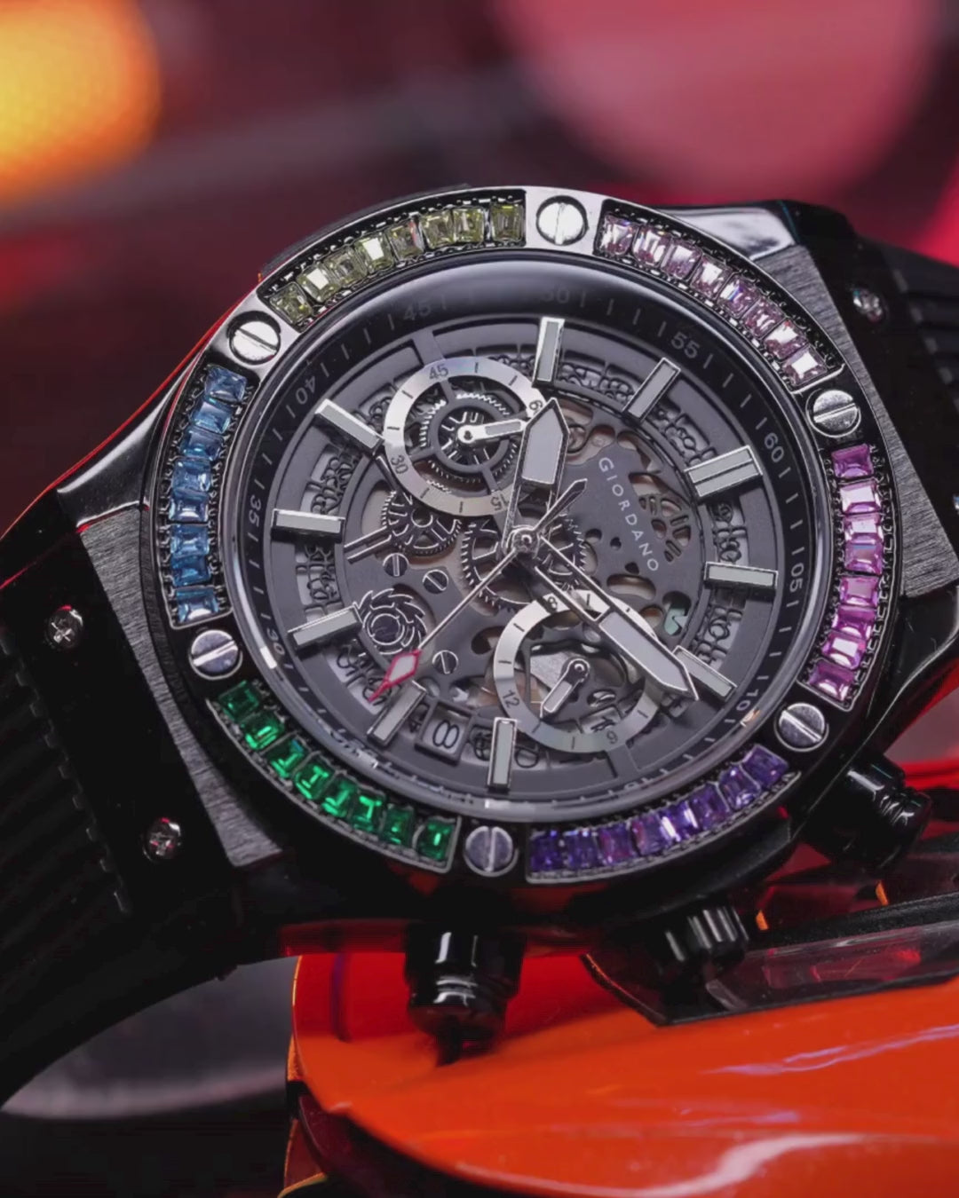 Giordano Multi-Function Watch for Men | Rainbow Crystal Bezel | Skeleton Dial | Black Sillicon Strap | GZ-50130-01