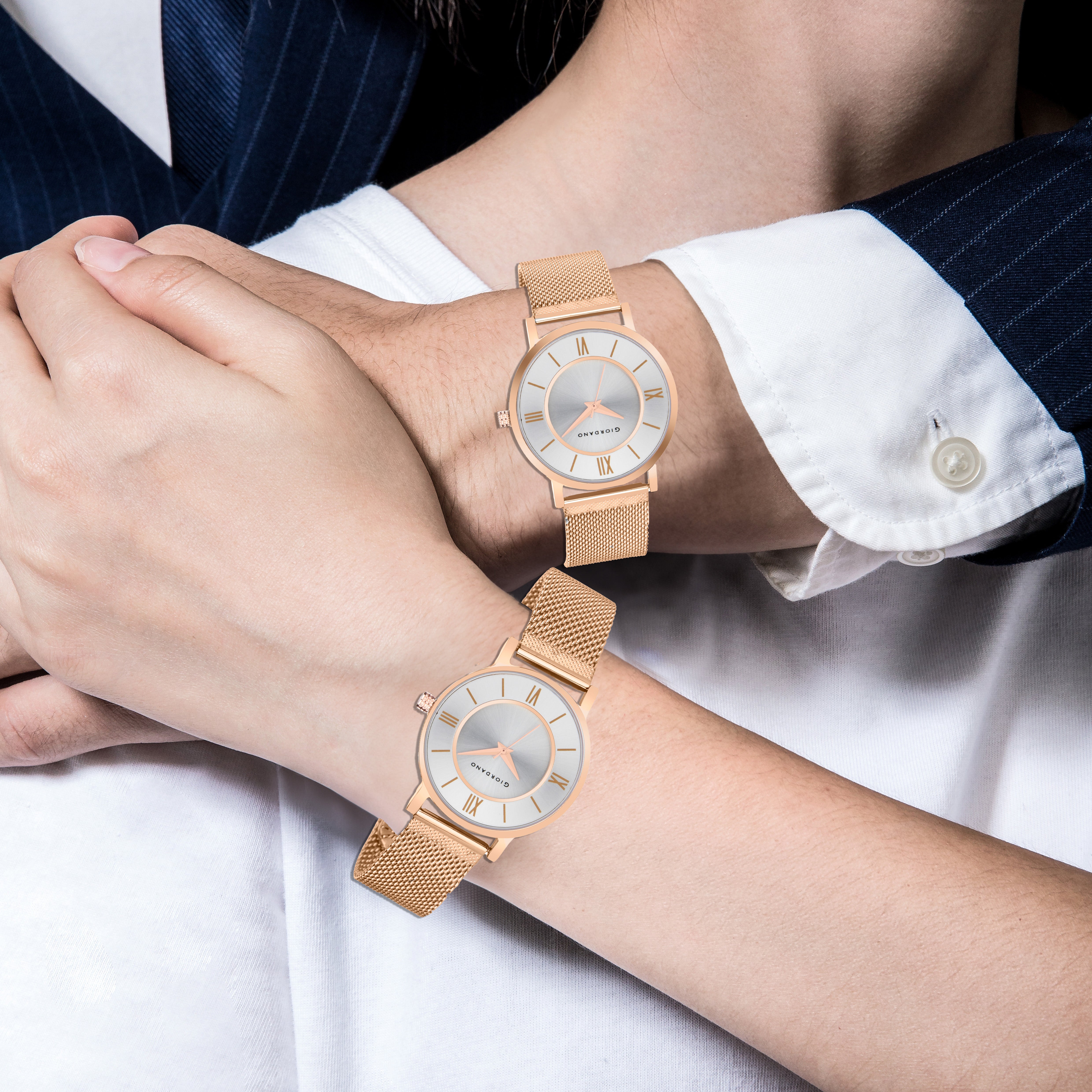 Giordano Rose Gold  Analog Stylish Watch for Couple with Stylish dial with Roman Indicess and mesh Metal Strap GD-1172-SETA-88