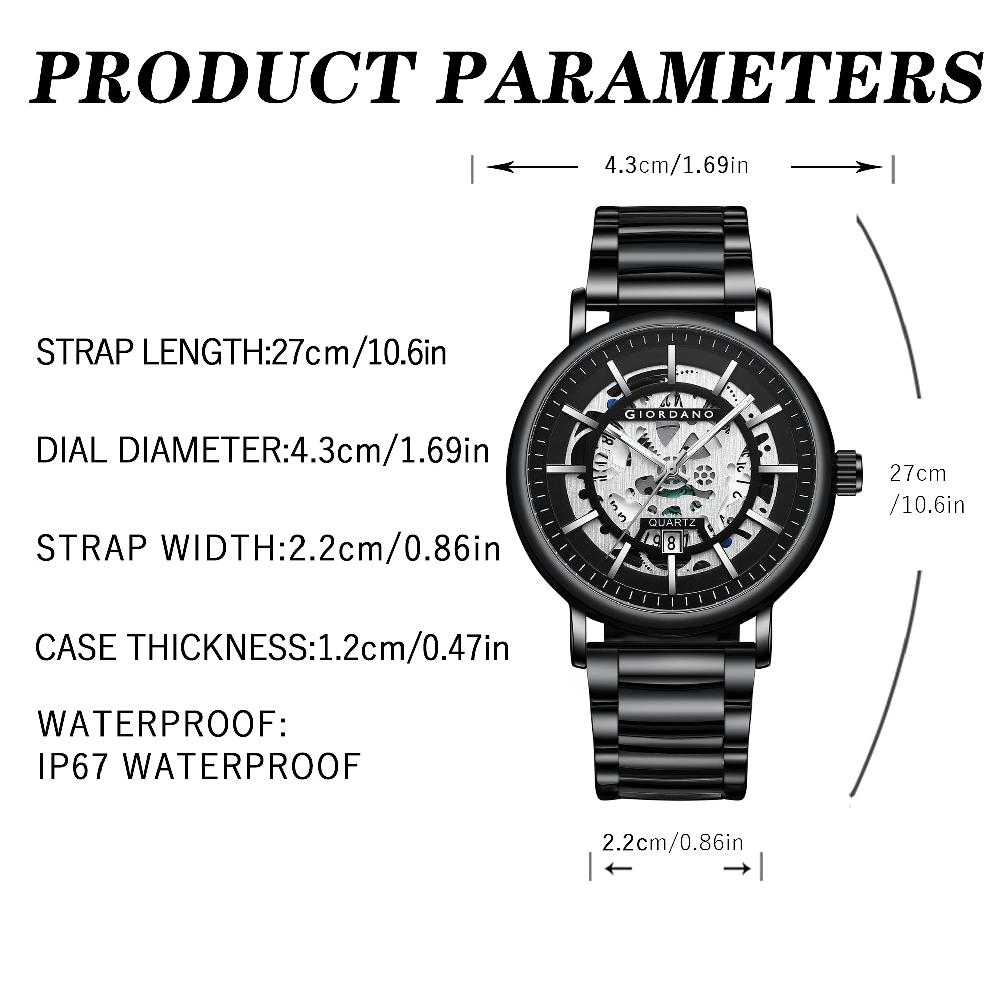 GIORDANO Classic Skeleton Design Watch for Men with Super Luminous Hands, Stainless Steel Strap, and Date Display - GZ-50182-11