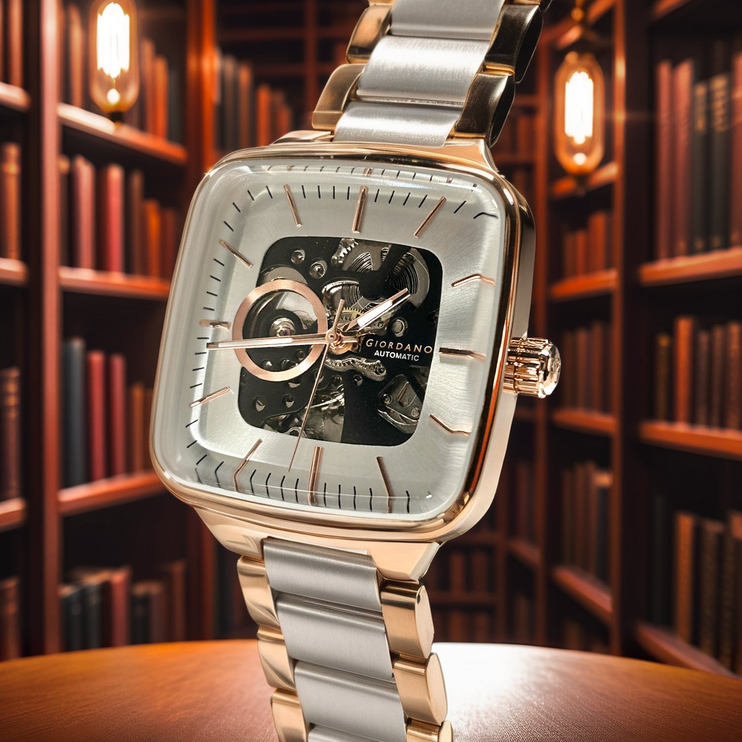 Giordano Luxury Watch for Men – Automatic Skeleton Square Dial, Stainless Steel Strap, Premium Mechanical Movement | GZ-50121-33