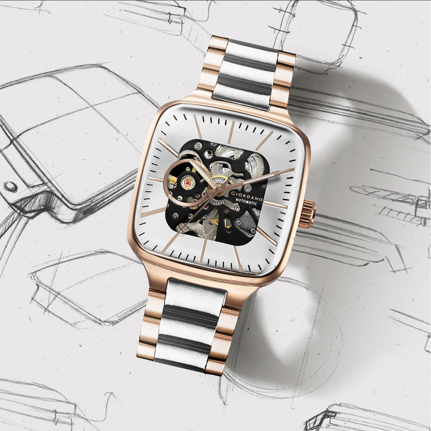 Giordano Luxury Watch for Men – Automatic Skeleton Square Dial, Stainless Steel Strap, Premium Mechanical Movement | GZ-50121-33