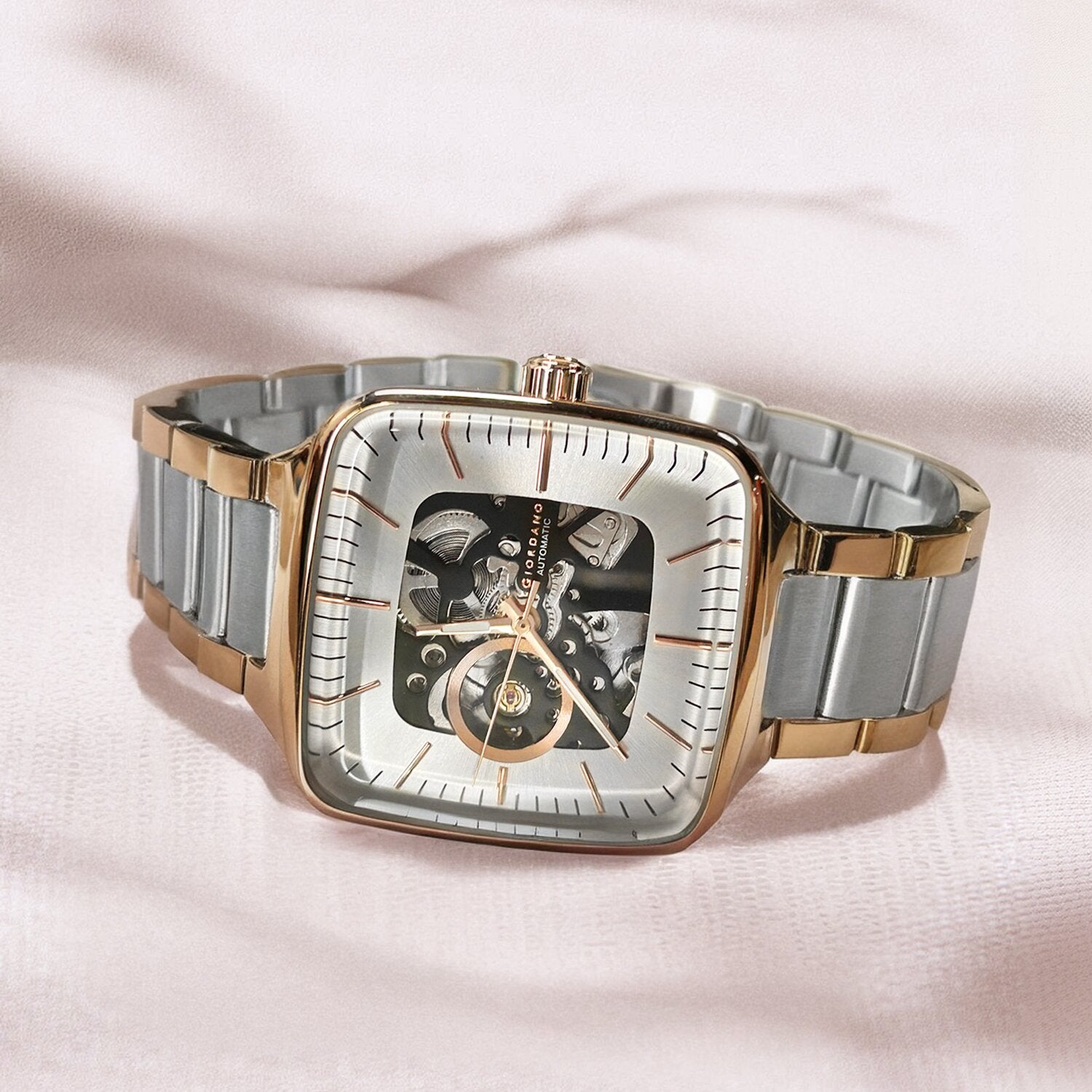 Giordano Luxury Watch for Men – Automatic Skeleton Square Dial, Stainless Steel Strap, Premium Mechanical Movement | GZ-50121-33