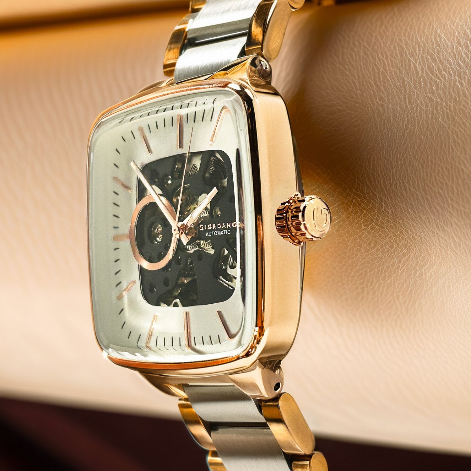 Giordano Luxury Watch for Men – Automatic Skeleton Square Dial, Stainless Steel Strap, Premium Mechanical Movement | GZ-50121-33