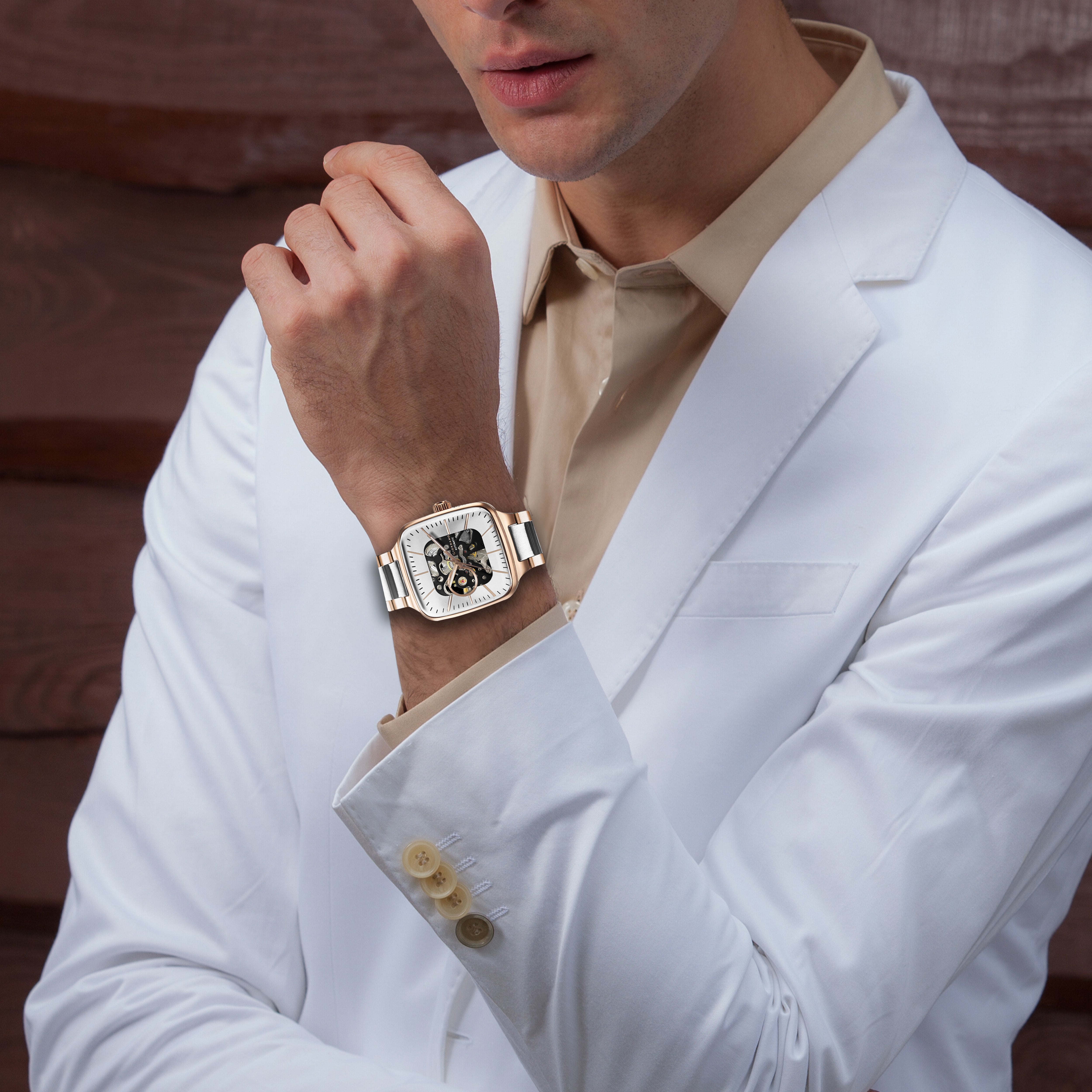 Giordano Luxury Watch for Men – Automatic Skeleton Square Dial, Stainless Steel Strap, Premium Mechanical Movement | GZ-50121-33